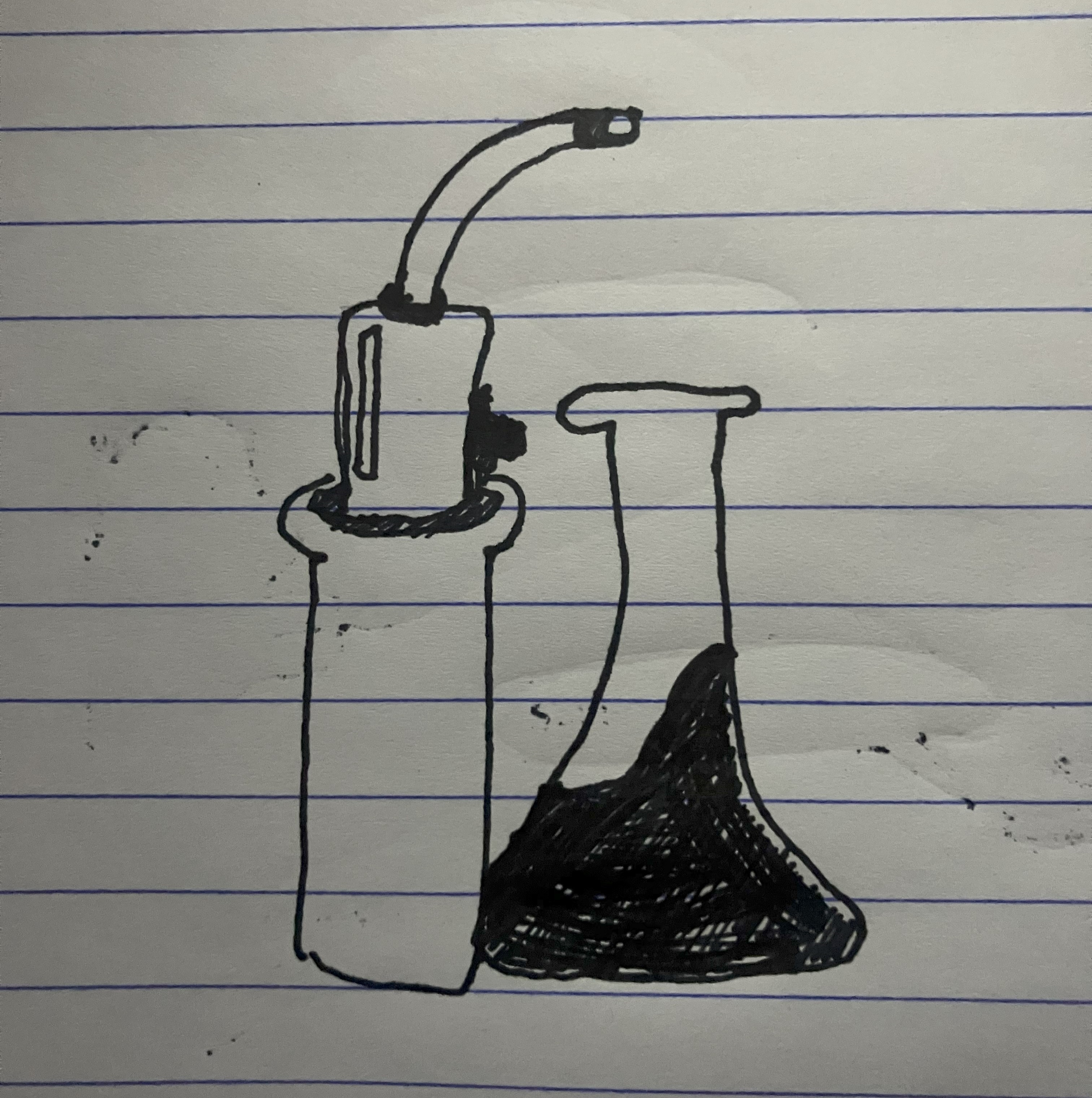 A drawing of a blowtorch and a science flask